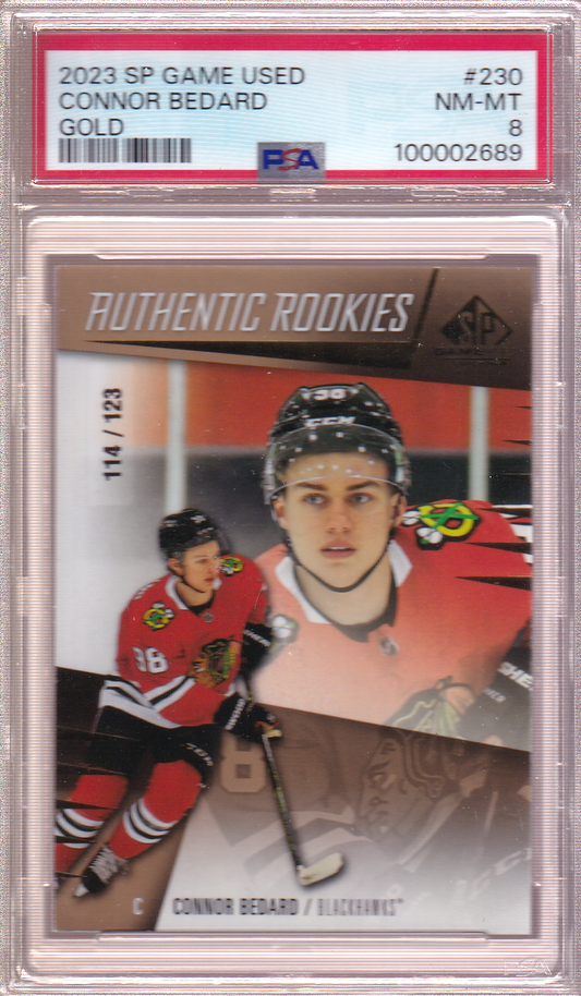 Connor Bedard 2023-24 SPGU SP Game Used Gold 114/123 Rookie Card #230 RC PSA 9 Chicago Blackhawks