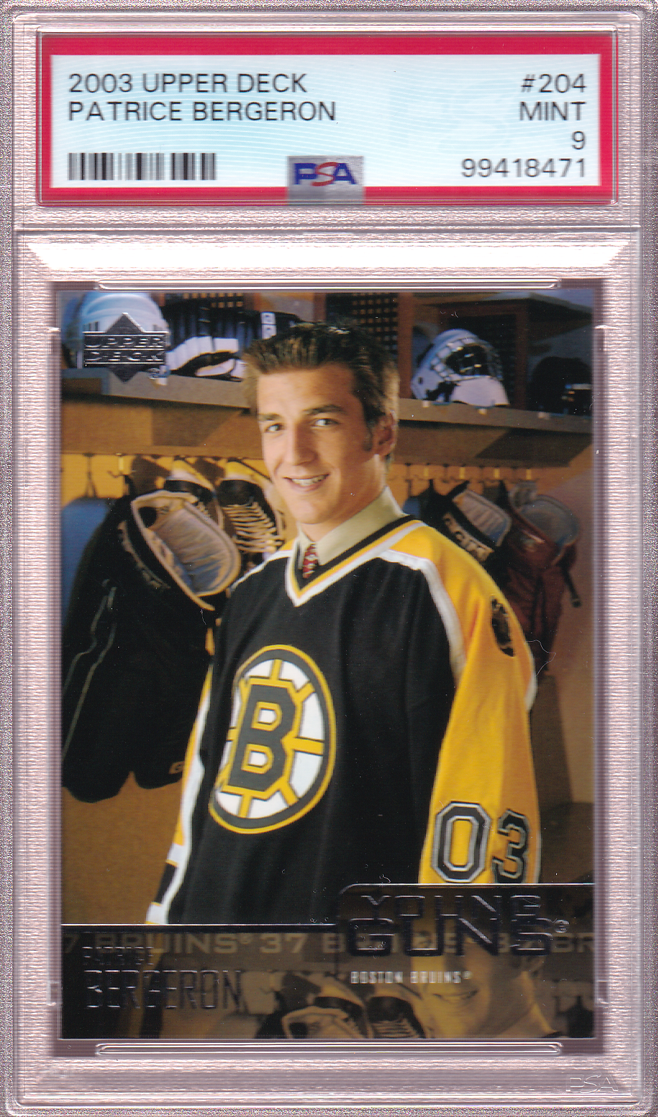 PATRICE BERGERON 2003-04 Upper Deck Young Guns Rookie Card #204 RC PSA 9 Boston Bruins