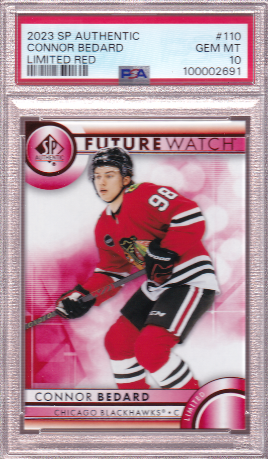 Connor Bedard 2023-24 SP Authentic Future Watch Red Rookie Card #110 RC PSA 10 Chicago Blackhawks