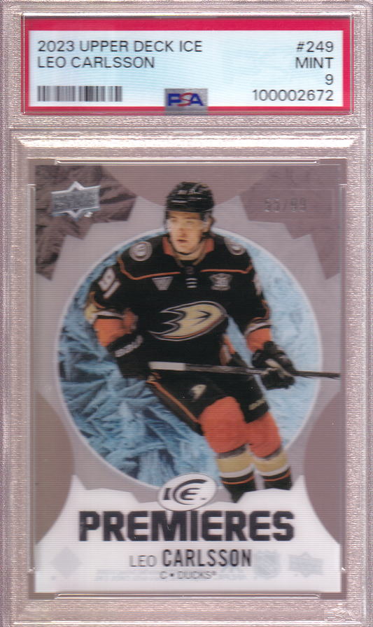 LEO CARLSSON 2023-24 UD Ice Rookie Premieres Card 55/99 RC #249 PSA 9 Anaheim Ducks