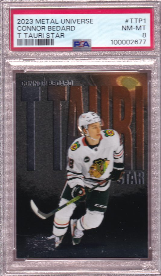 Connor Bedard 2023-24 UD SkyBox Metal Universe T Tauri Star Rookie Card #TTP-1 RC PSA 8 Chicago Blackhawks