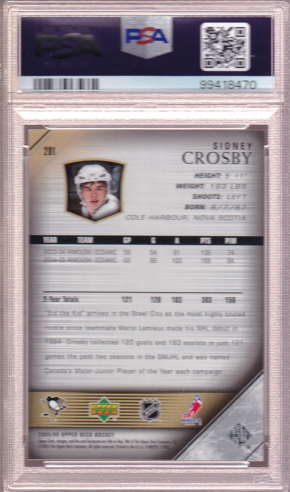 SIDNEY CROSBY 2005-06 Upper Deck Young Guns Rookie Card #201 RC PSA 9 Pittsburgh Penguins