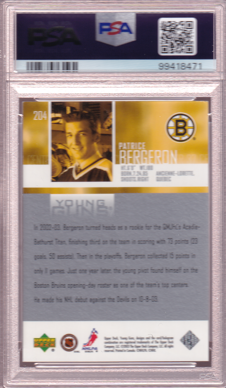 PATRICE BERGERON 2003-04 Upper Deck Young Guns Rookie Card #204 RC PSA 9 Boston Bruins