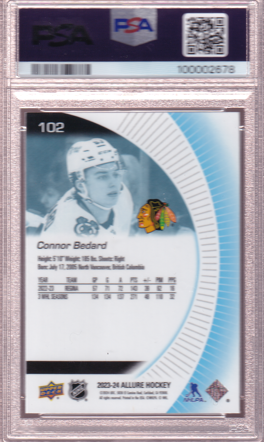 Connor Bedard 2023-24 UD Allure Rookie Card #102 RC PSA 10 Chicago Blackhawks