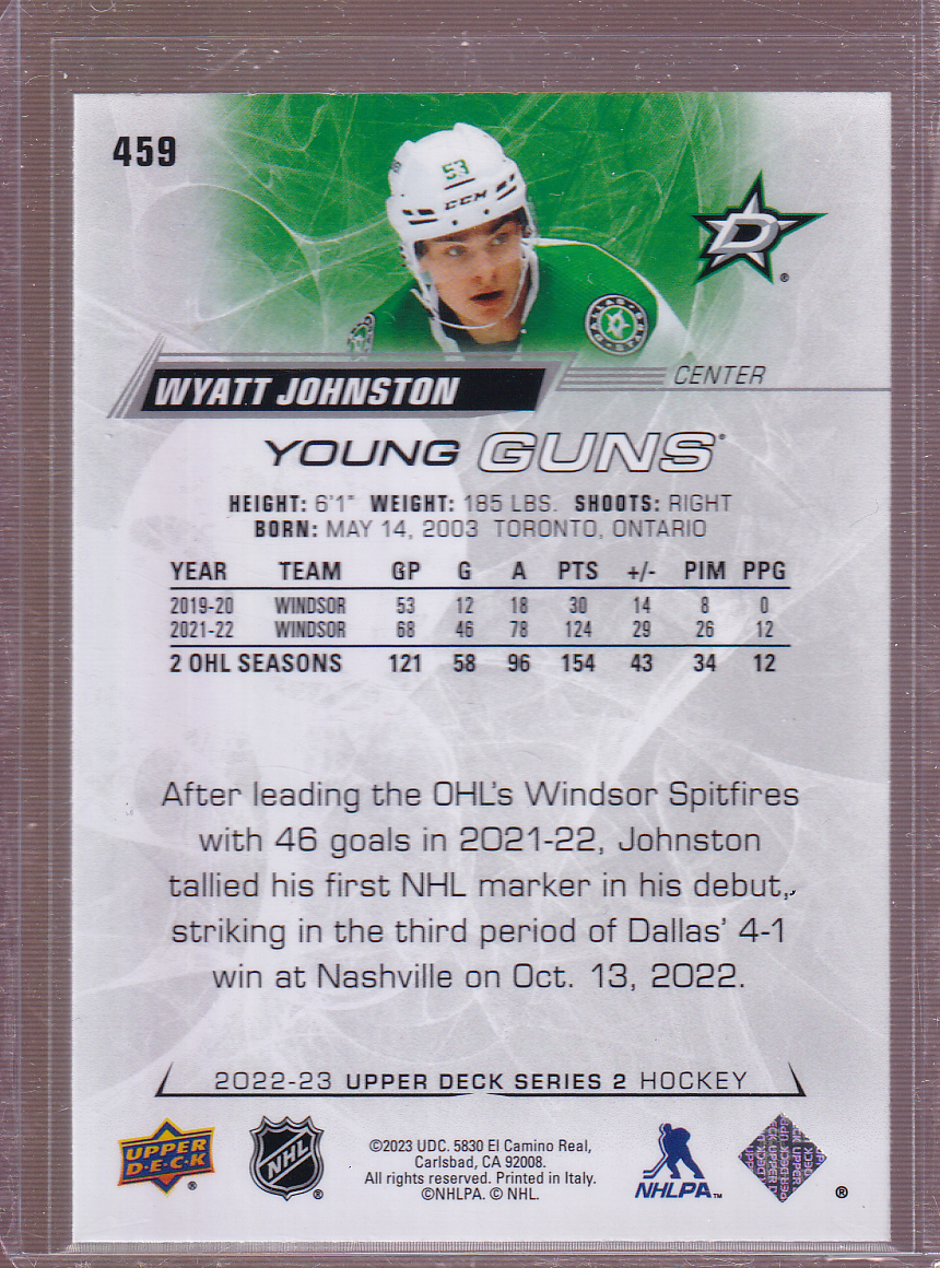 WYATT JOHNSTON 2022-23 Upper Deck Young Guns Rookie Card #459 RC Dallas Stars