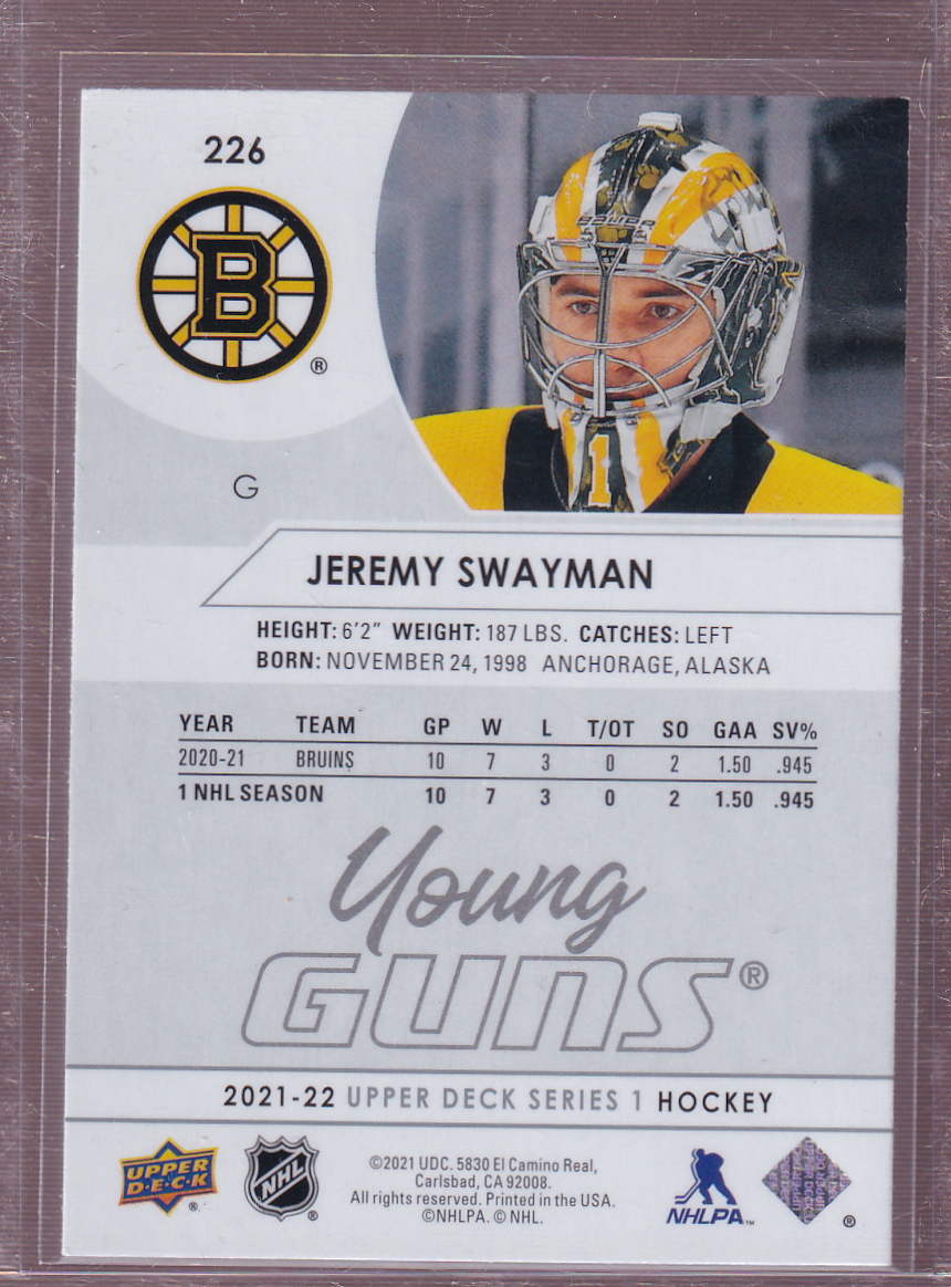 JEREMY SWAYMAN 2021-22 Upper Deck Young Guns Rookie Card #226 RC Boston Bruins