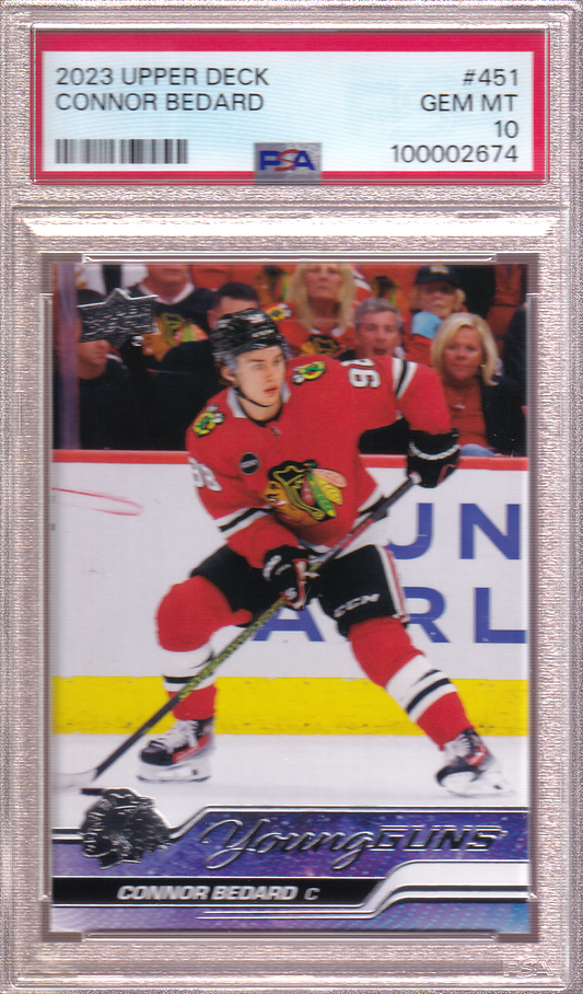 Connor Bedard 2023-24 Upper Deck UD Young Guns Rookie Card #451 RC PSA 10 Chicago Blackhawks