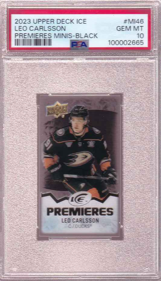 LEO CARLSSON 2023-24 UD Ice Rookie Premieres Mini Card Black /15 RC #MI-46 PSA 10 Anaheim Ducks