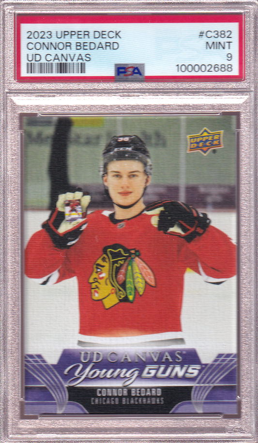 Connor Bedard 2023-24 Upper Deck UD Canvas Young Guns Rookie Card #C382 RC PSA 9 Chicago Blackhawks