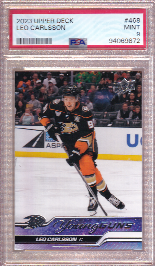 LEO CARLSSON 2023-24 Upper Deck UD Young Guns Rookie Card RC #468 PSA 9 Anaheim Ducks