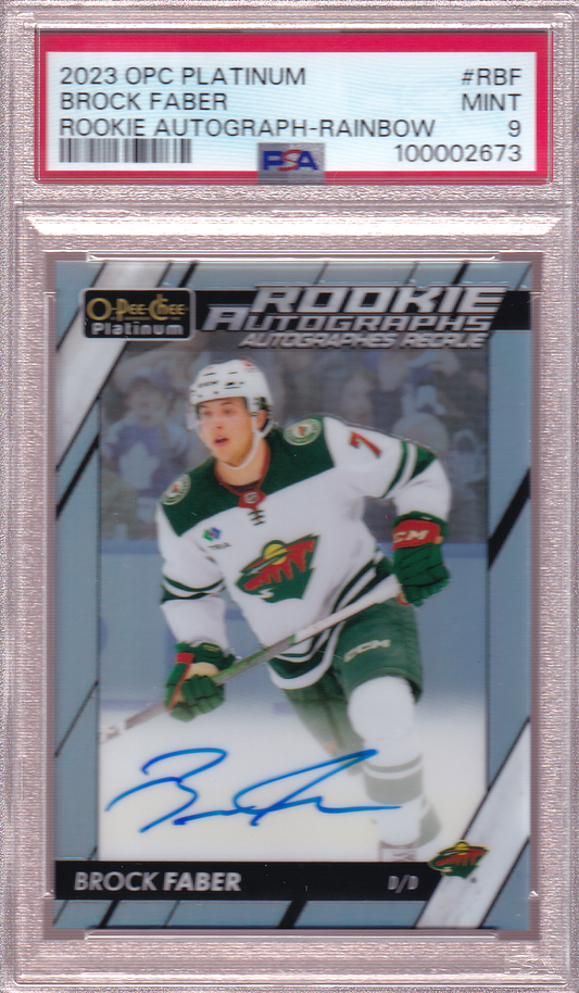 BROCK FABER 2023-24 O-Pee-Chee Platinum Rainbow Rookie Autograph Card RC #R-BF PSA 9 Minnesota Wild