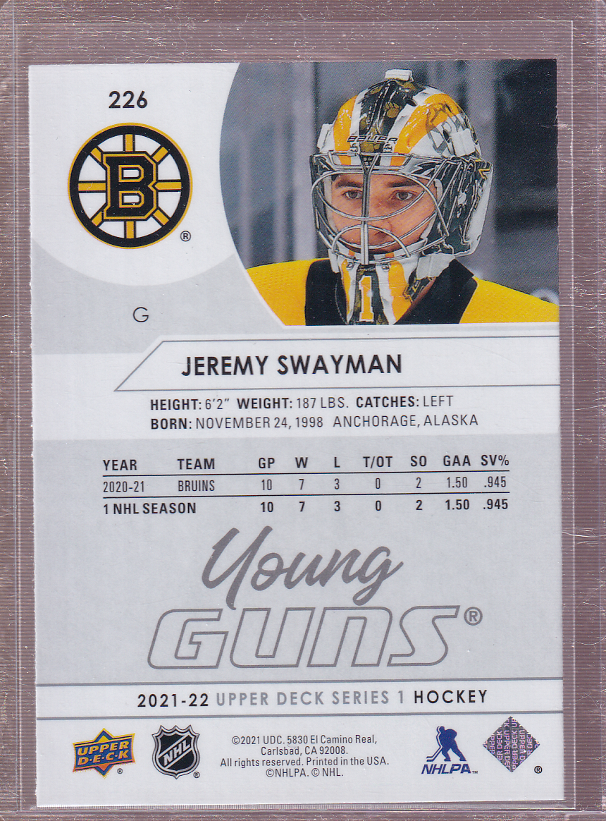 JEREMY SWAYMAN 2021-22 Upper Deck Young Guns Rookie Card #226 RC Boston Bruins