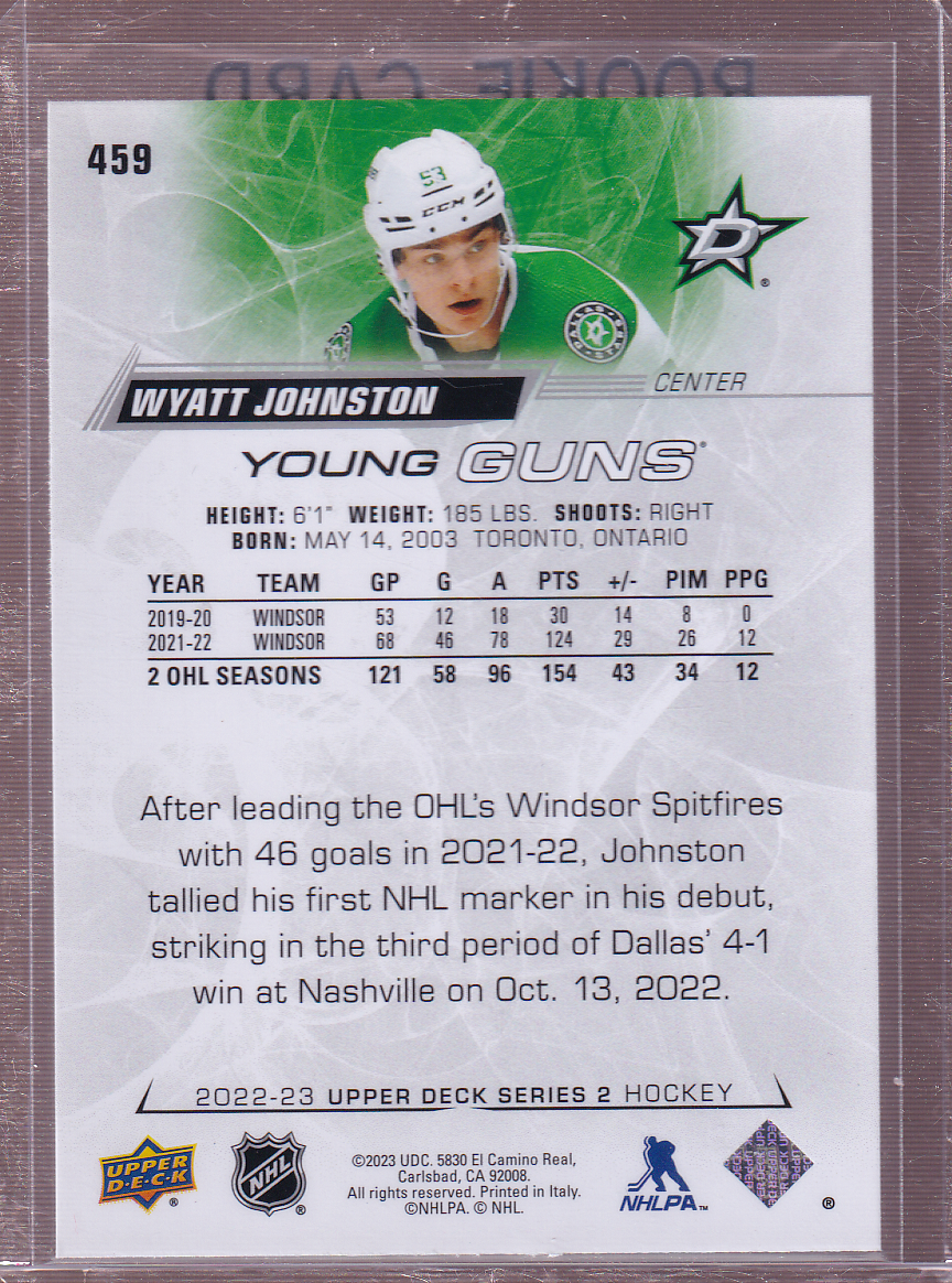 WYATT JOHNSTON 2022-23 Upper Deck Young Guns Rookie Card #459 RC Dallas Stars