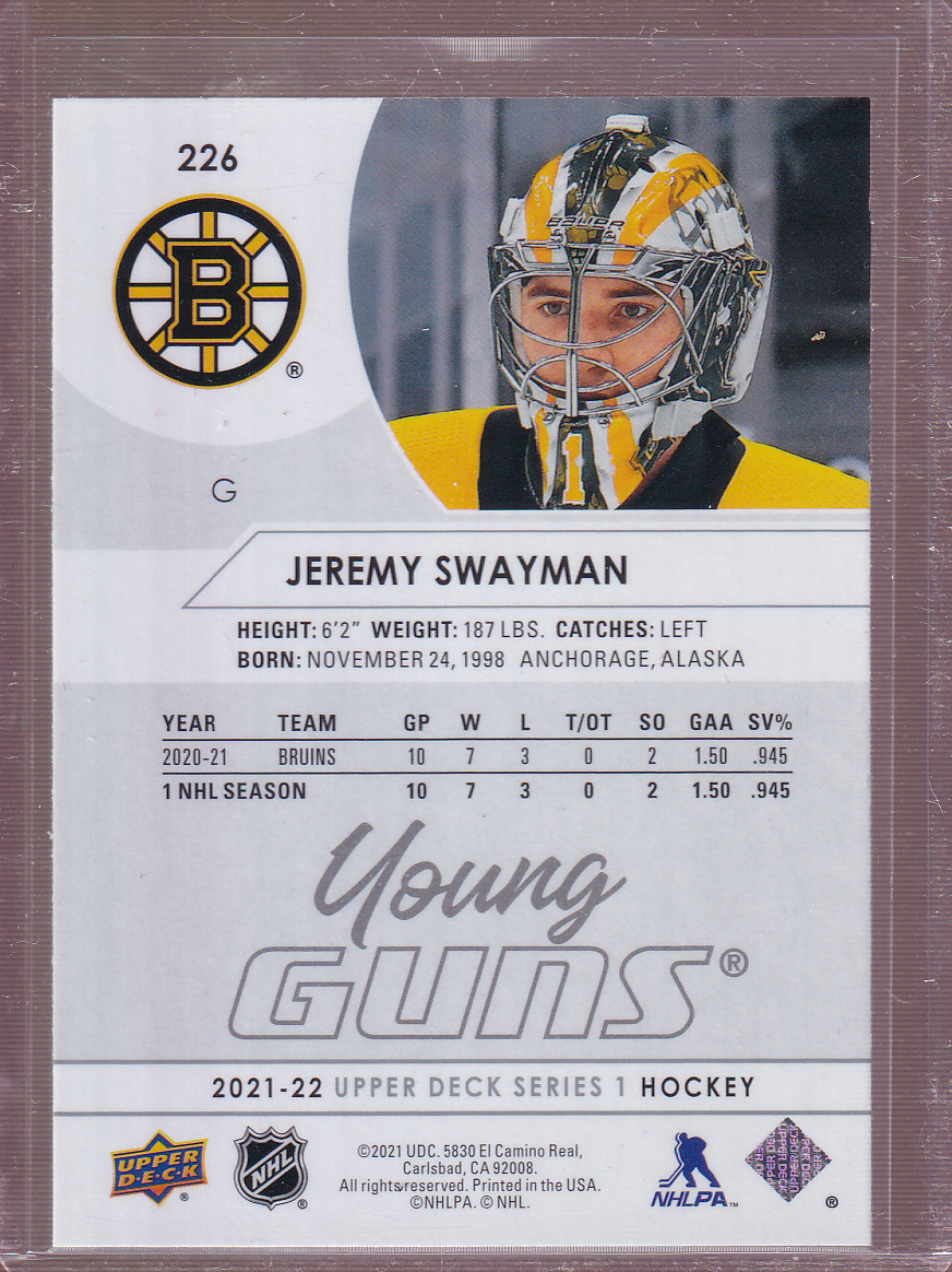 JEREMY SWAYMAN 2021-22 Upper Deck Young Guns Rookie Card #226 RC Boston Bruins