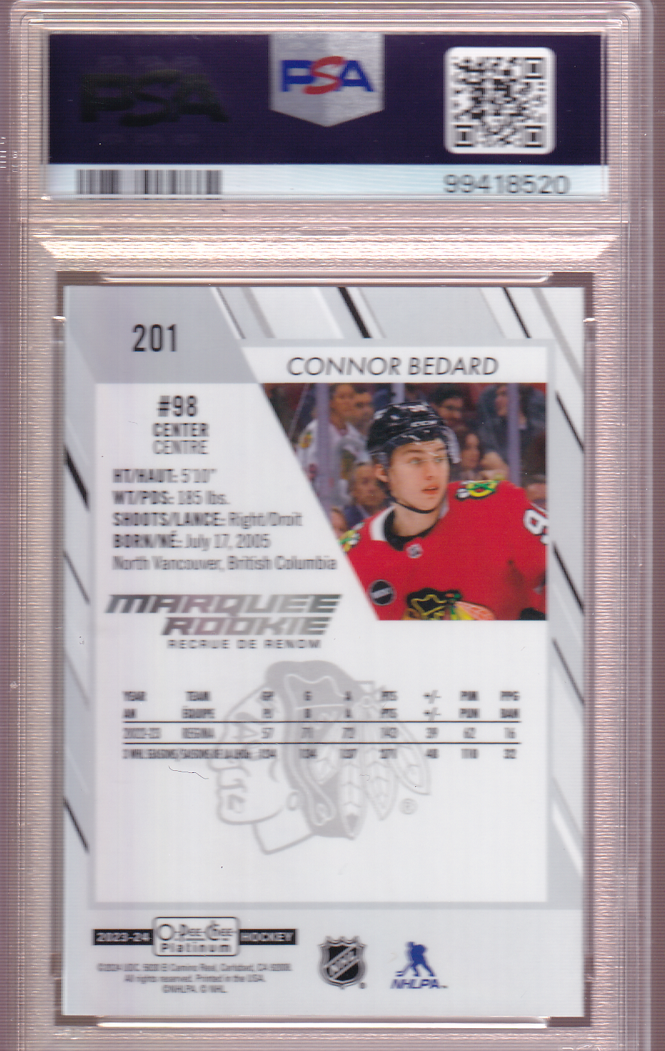 Connor Bedard 2023-24 O-Pee-Chee Platinum Rookie Card #201 RC PSA 10 Chicago Blackhawks