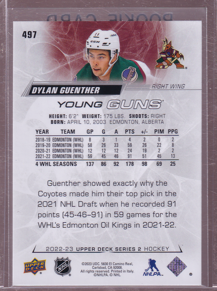 DYLAN GUENTHER 2022-23 Upper Deck Young Guns Rookie Card #497 RC Arizona Coyotes