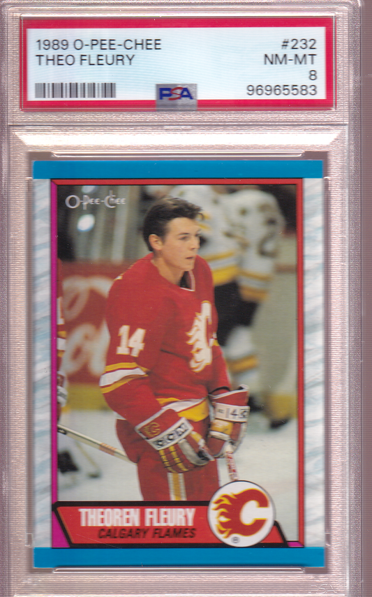 THEOREN THEO FLEURY 1989-90 O-Pee-Chee Rookie Card #232 PSA 8 Calgary Flames