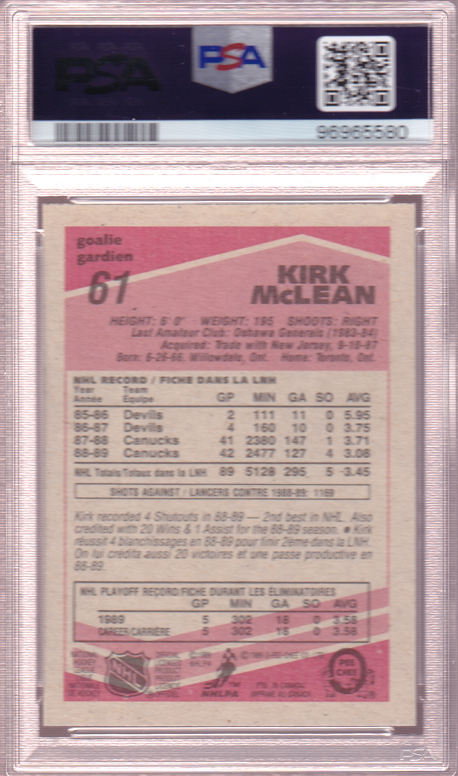 KIRK McLEAN 1989-90 O-Pee-Chee Rookie Card #61 PSA 9 Vancouver Canucks RC