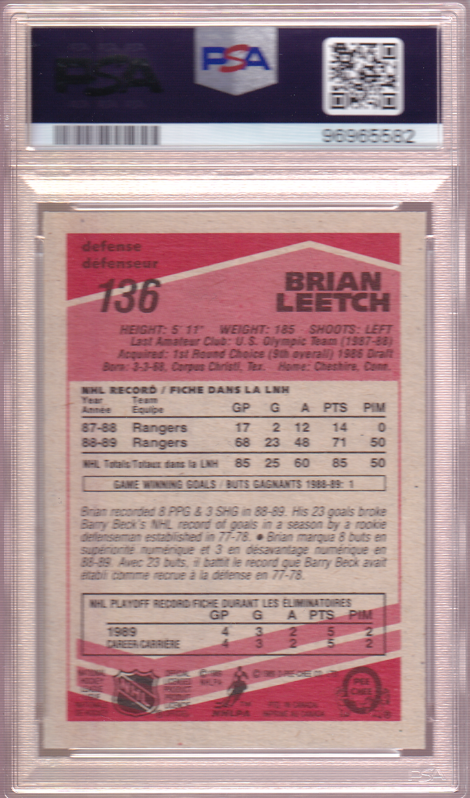 BRIAN LEETCH 1989-90 O-Pee-Chee Rookie Card #136 PSA 9 New York Rangers RC