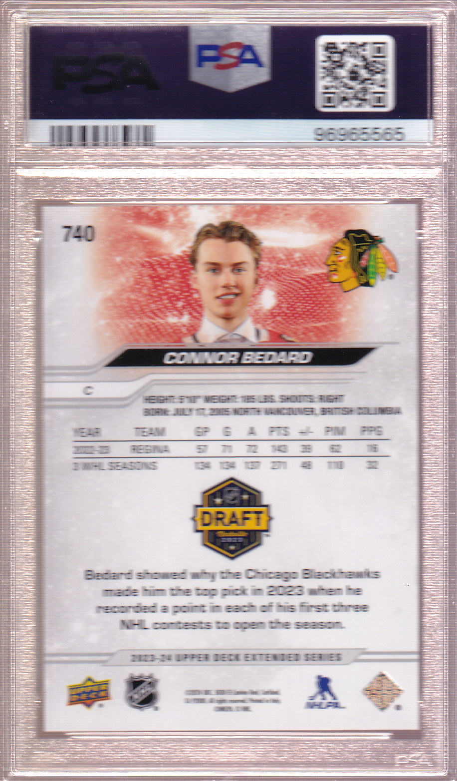 Connor Bedard 2023-24 UD Draft Rookie Card RC #740 PSA 8.5 Chicago Blackhawks