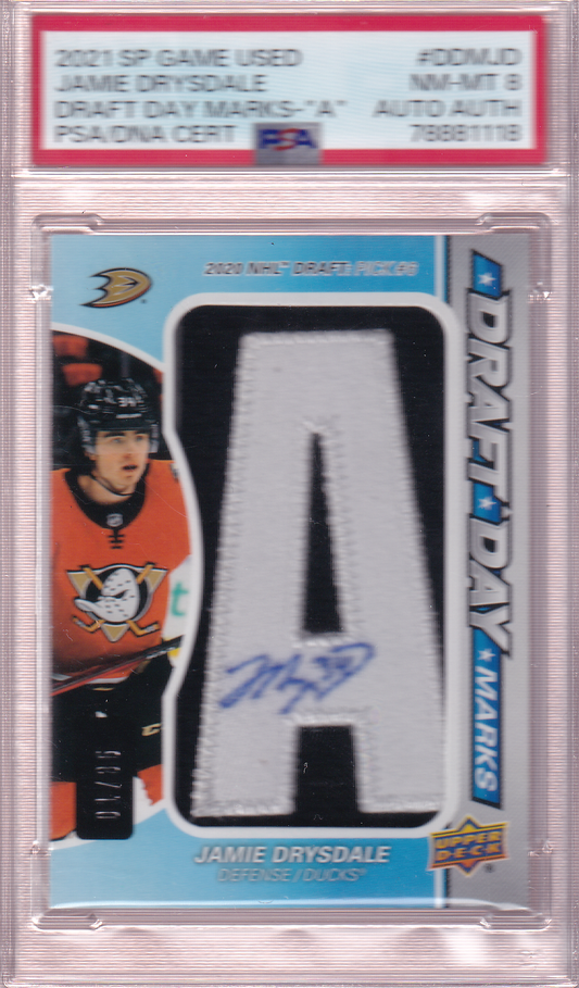 JAMIE DRYSDALE 2021-22 SP Game Used Draft Day Marks "A" Rookie Card #DDM-JD PSA 8 Anaheim Ducks RC