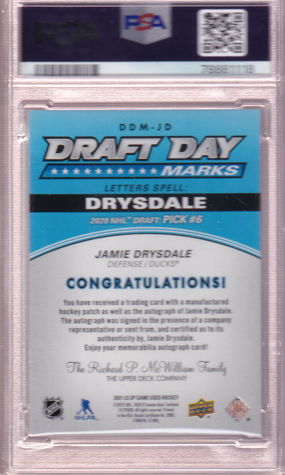 JAMIE DRYSDALE 2021-22 SP Game Used Draft Day Marks "A" Rookie Card #DDM-JD PSA 8 Anaheim Ducks RC