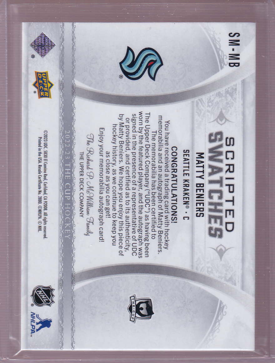 MATTY BENIERS 2022-23 UD The Cup Scripted Swatches Auto Patch 29/35 Card #SM-MB Seattle Kraken