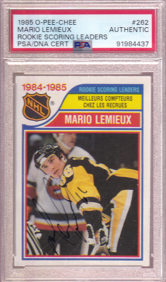 MARIO LEMIEUX 1985-86 O-Pee-Chee Autographed Rookie Scoring Leader Card RC #262 PSA/DNA Authentic Auto Pittsburgh Penguins