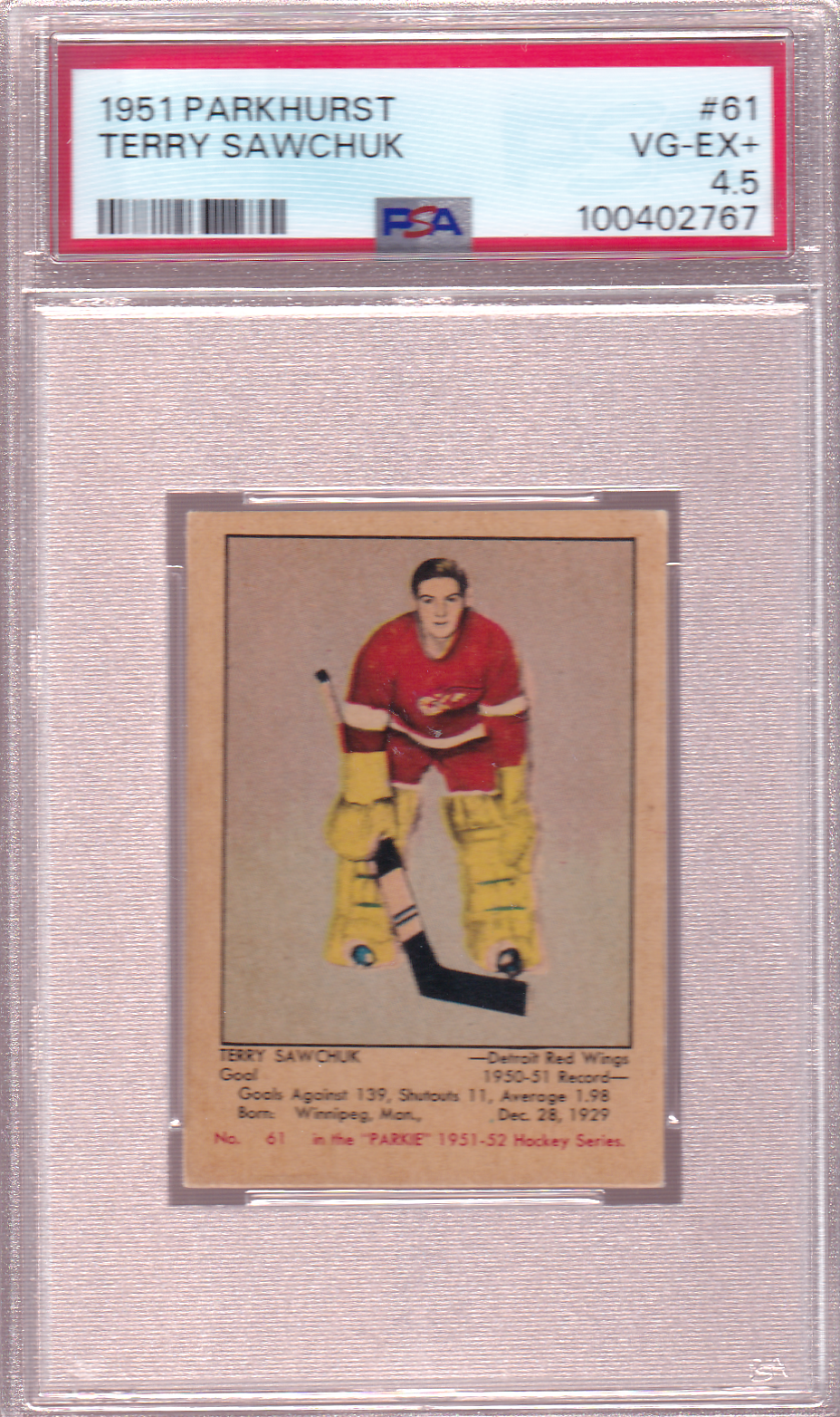 TERRY SAWCHUK 1951-52 Parkhurst Rookie Card RC #61 PSA 4.5 Detroit Red Wings