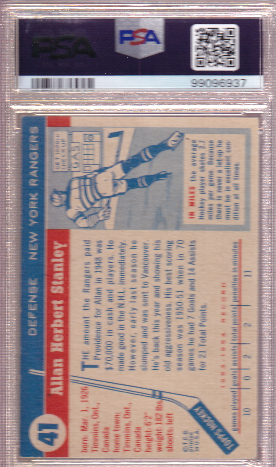 ALLAN STANLEY 1954-55 Topps Card #41 PSA 6 New York Rangers