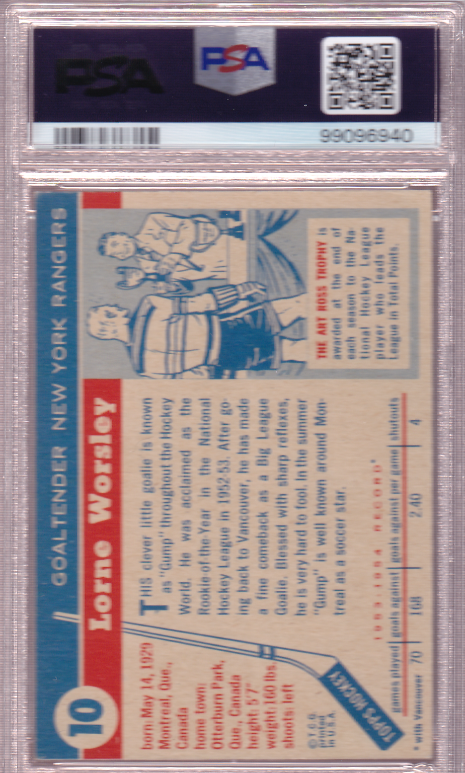 Lorne Gump Worsley 1954-55 Topps Card #10 1 PSA 5 New York Rangers