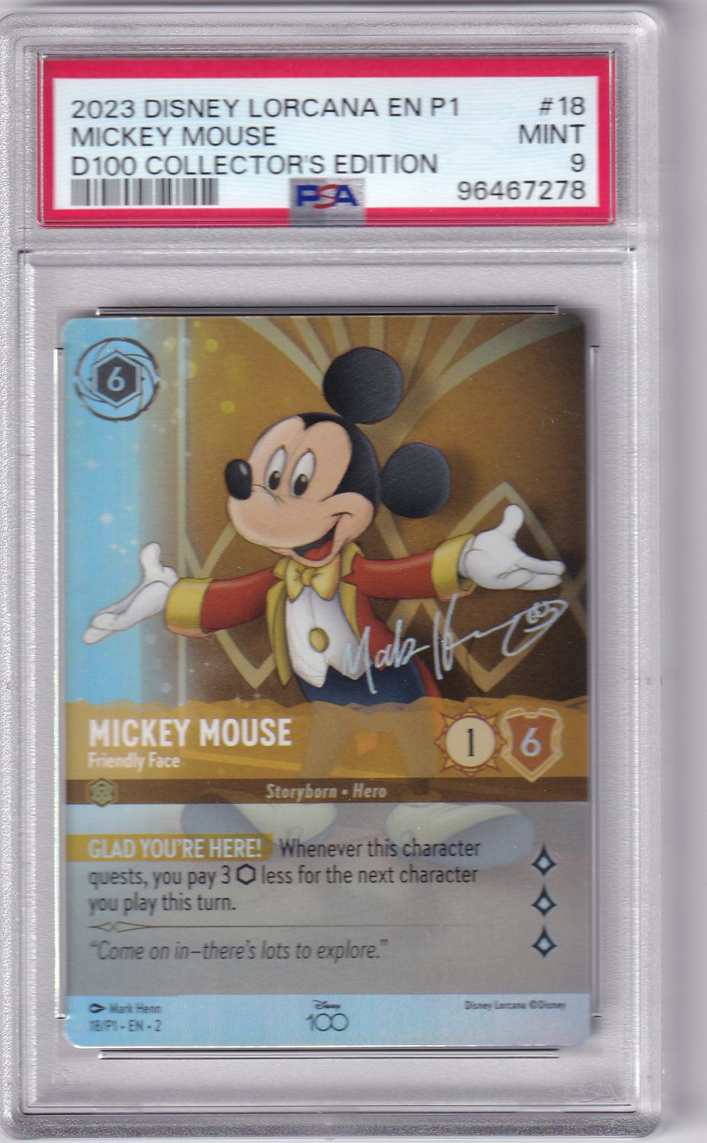 Mickey Mouse 2023 Lorcana #18 EN P1 D100 Collector's Edition PSA 9