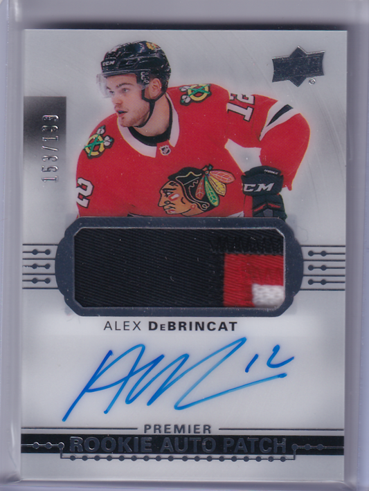 ALEX DeBRINCAT 207-18 UD Premier Acetate Rookie Auto 3 color Patch Card RC 153/199 #AR-AD Chicago Blackhawks