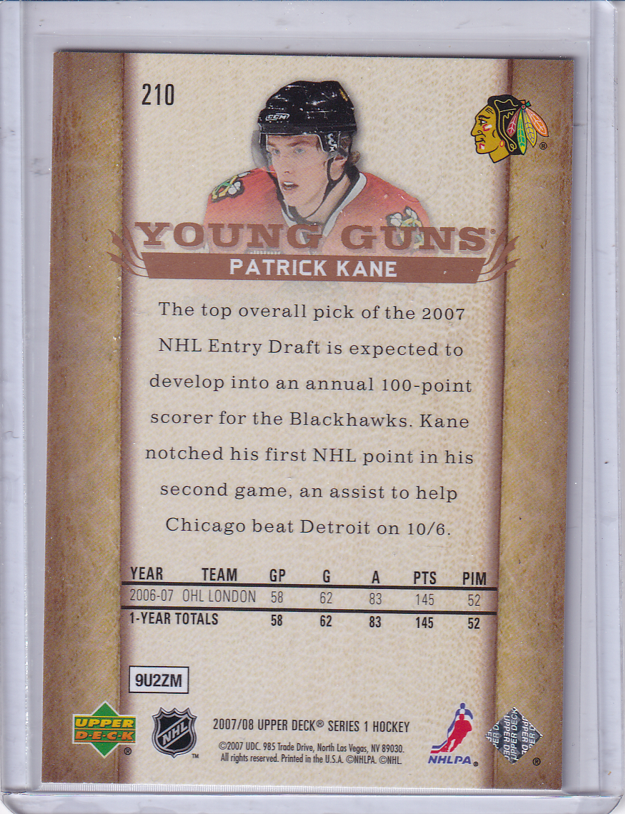 PATRICK KANE 2007-08 Upper Deck UD Young Guns Rookie Card RC #210 Chicago Blackhawks #1