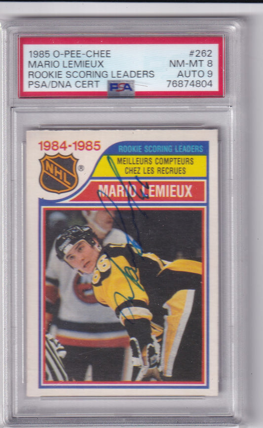 Mario Lemieux 1985-86 O-Pee-Chee Scoring Leaders #262 Pittsburgh Penguins NM-MT 8 AUTO 9 PSA/DNA Autographed Rookie signed auto