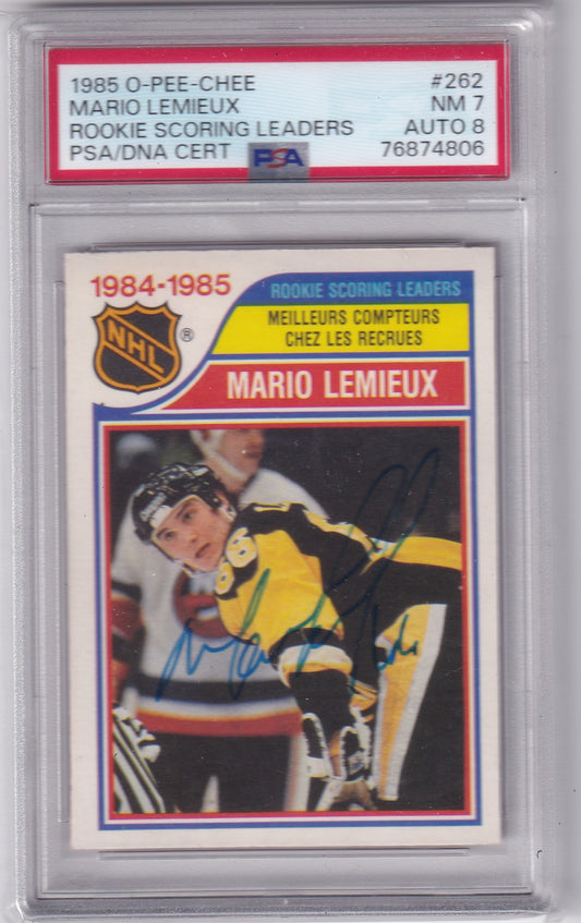 Mario Lemieux 1985-86 O-Pee-Chee Scoring Leader #262 Pittsburgh Penguins NM 7 AUTO 8 PSA/DNA Autographed Rookie signed auto RC