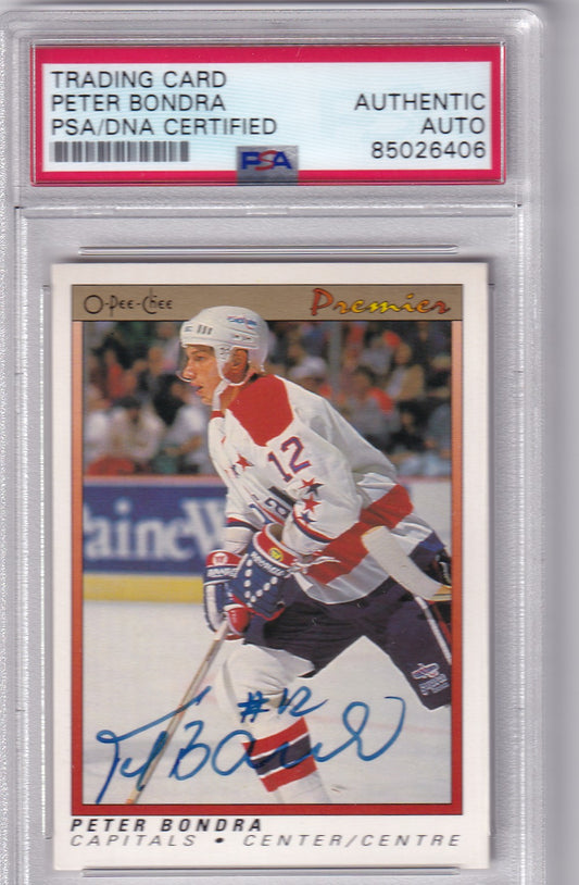 Peter Bondra 1990-91 O-Pee-Chee Premier Rookie Card #7 Washington Capitals PSA/DNA Autographed signed auto RC