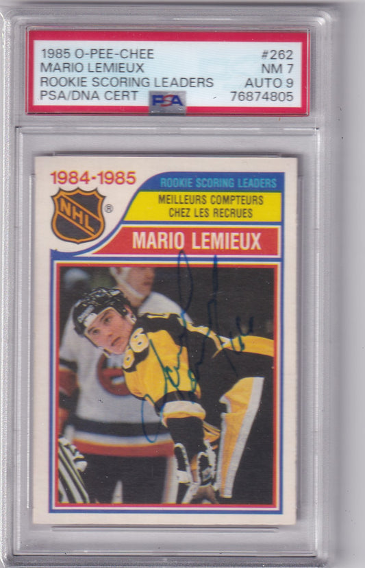 Mario Lemieux 1985-86 O-Pee-Chee Scoring Leaders #262 Pittsburgh Penguins NM 7 AUTO 9 PSA/DNA Autographed Rookie signed auto RC