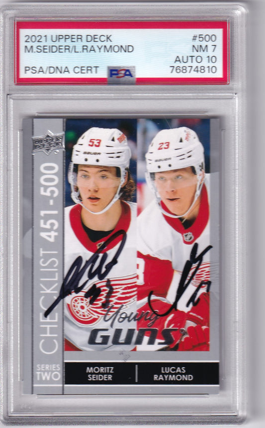 Moritz  Seider / Lucas Raymond 2021-22 Upper Deck Young Guns Checklist #500 Detroit Red Wings Autographed Rookie signed auto RC