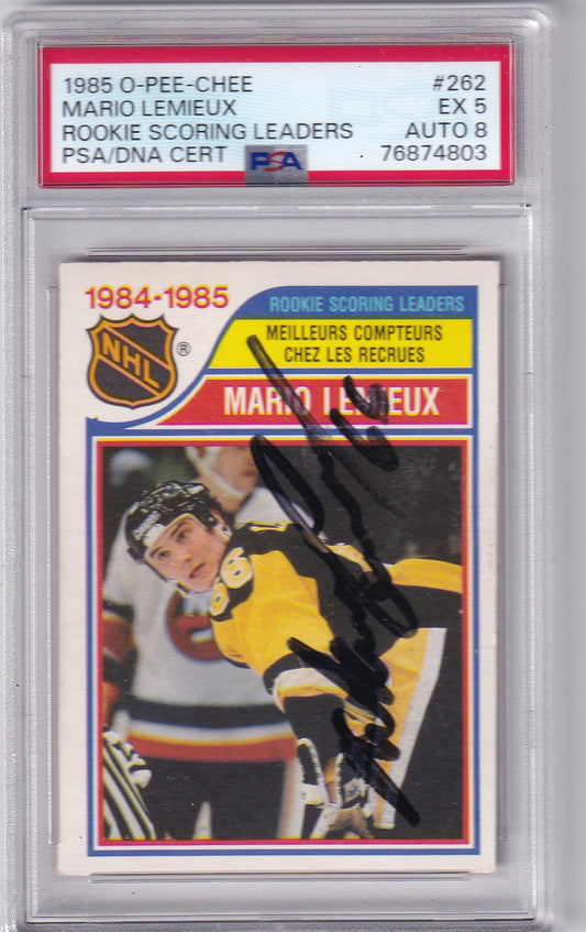 Mario Lemieux 1985-86 O-Pee-Chee #262 Pittsburgh Penguins EX 5 AUTO 8 PSA/DNA Autographed Rookie signed auto RC