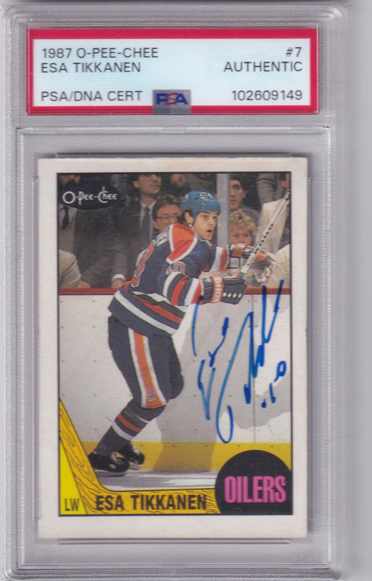 Esa Tikkanen 1987-88 O-Pee-Chee #7 Edmonton Oilers PSA/DNA Autographed Rookie signed auto RC