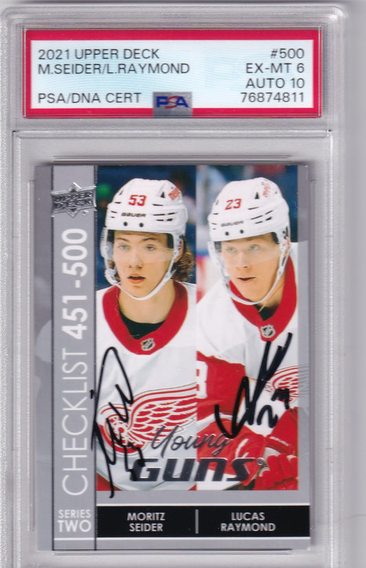 Moritz Seider / Lucas Raymond 2021-22 Upper Deck Young Guns Checklist #500 PSA6 / DNA 10 Autographed Rookie RC Detroit Red Wings signed auto