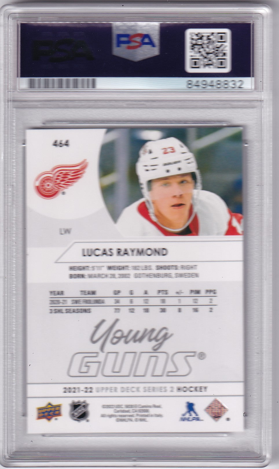 Lucas Raymond 2021-22 Upper Deck Young Guns Rookie Card #464 Detroit Red Wings PSA/DNA Autographed signed auto RC