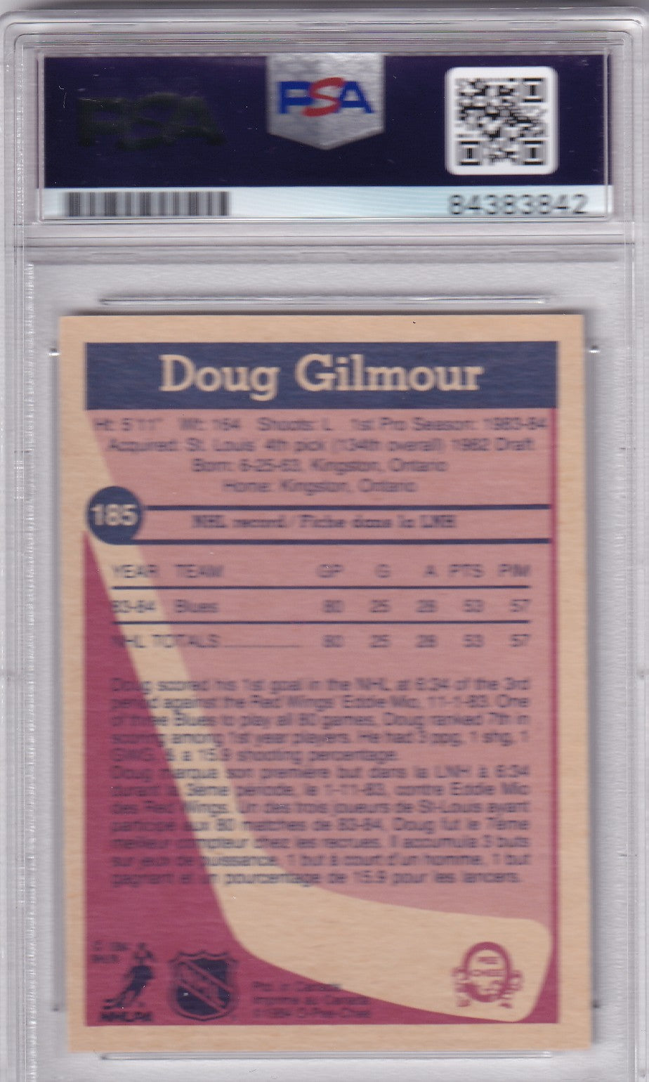 Doug Gilmour 1984-85 O-Pee-Chee St. Louis Blues #185 PSA/DNA Autographed Rookie signed auto