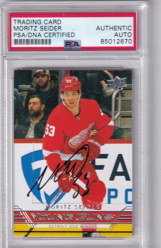 Moritz Seider 2021-22 Upper Deck Young Guns Tribute T-83 Detroit Red Wings PSA/DNA Autographed Rookie signed auto RC