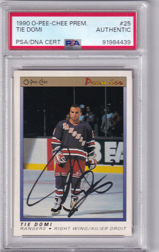 Tie Domi 1990-91 O-Pee-Chee Premier Rookie Card #25 New York Rangers PSA/DNA Autographed signed auto RC