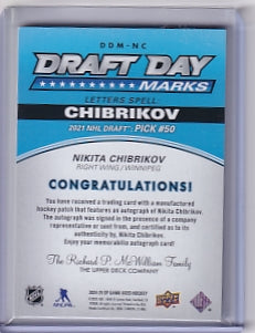 Nikita Chibrikov Draft Day Marks Auto "I" 31/35 Card DDM-NC 2024-25 SP Game Used Rookie Card RC Winnipeg Jets