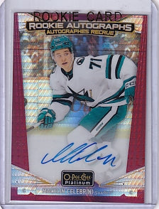 Macklin Celebrini Red Prism Rookie Auto 24/30 Card R-CE 2024-25 O-Pee-Chee Platinum Rookie Card RC San Jose Sharks