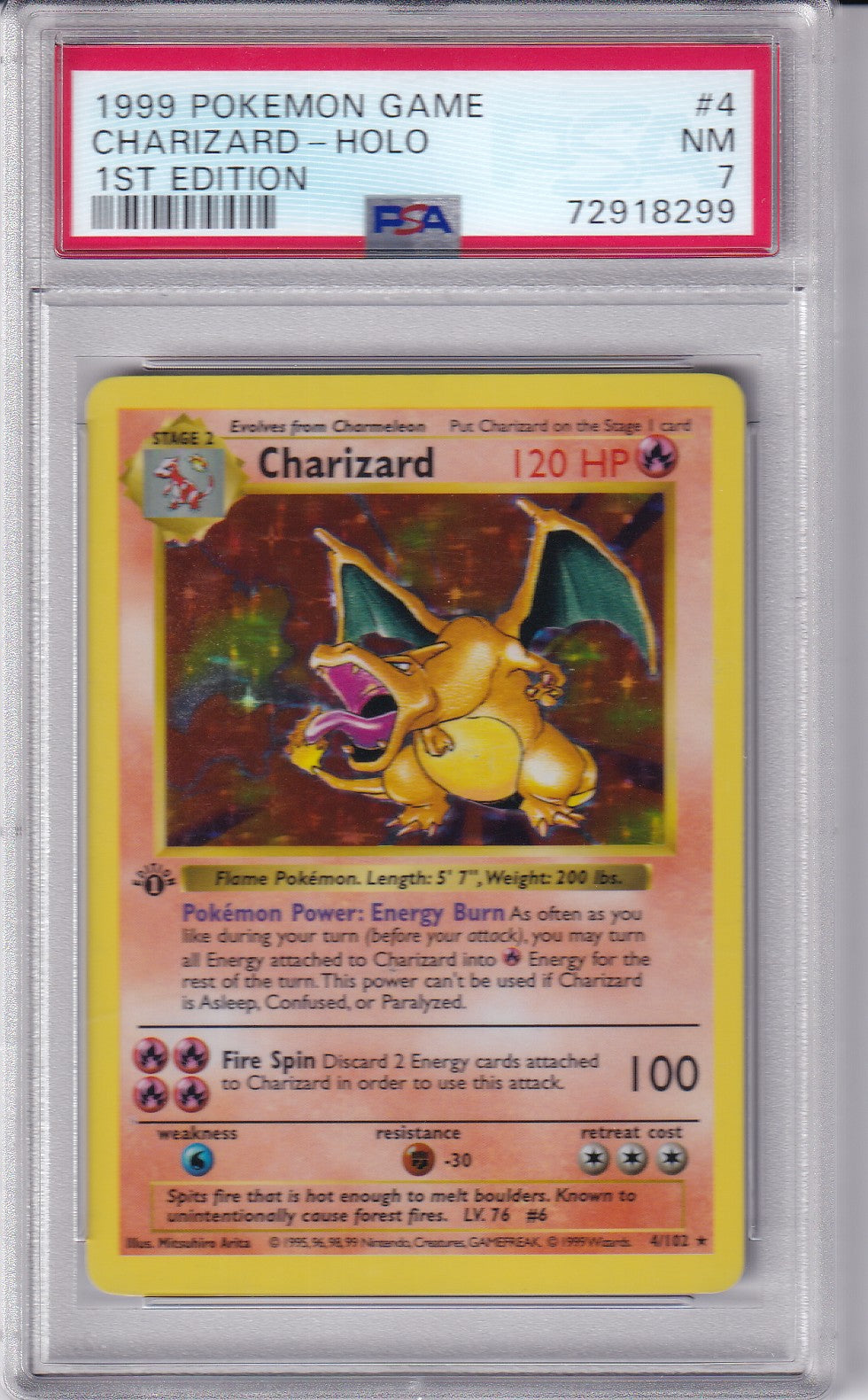 1999 Charizard Holo  1st Edition Base Set Shadowless 4/102 Pokemon Card PSA 7