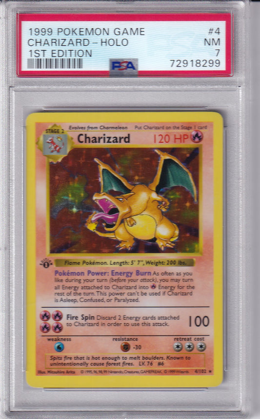 1999 Charizard Holo  1st Edition Base Set Shadowless 4/102 Pokemon Card PSA 7